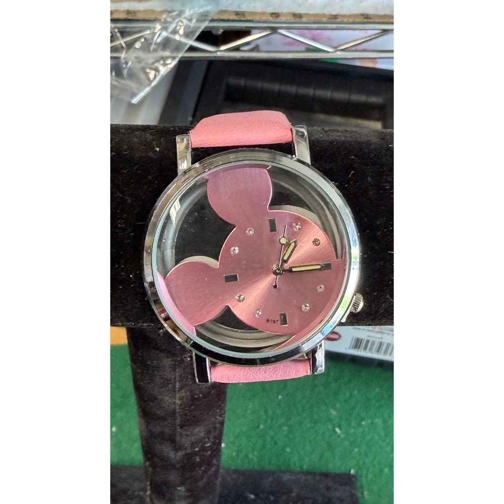 Disney Mickey Mouse Pink Silhouette Transparent Dial Watch B197 Silver Tone Case